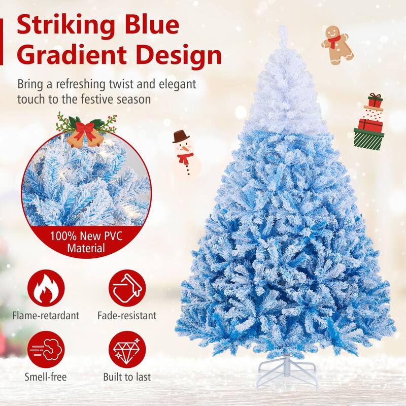 Gymax 5/6/7/8 FT Artificial Christmas Tree Hinged Snow Flocked Xmas - Blue, White