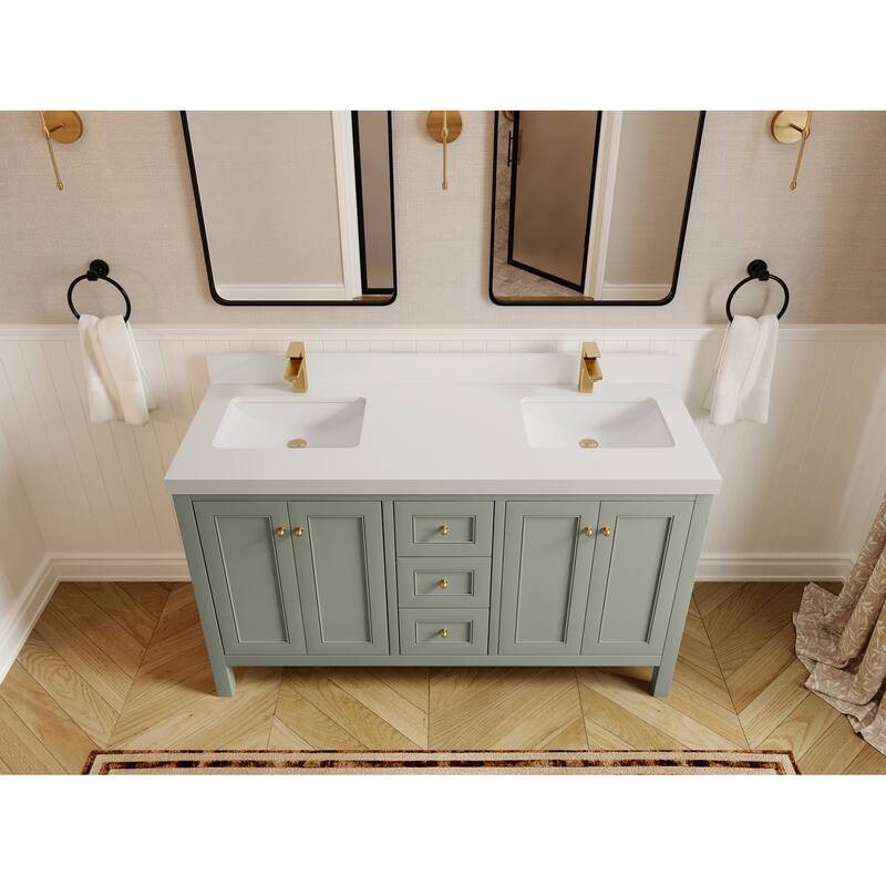 Willow Collections 60 in. W x 22 in. D Nashville Double Bowl Sink Bathroom Vanity with Countertop - 2"White Quartz - Evergreen