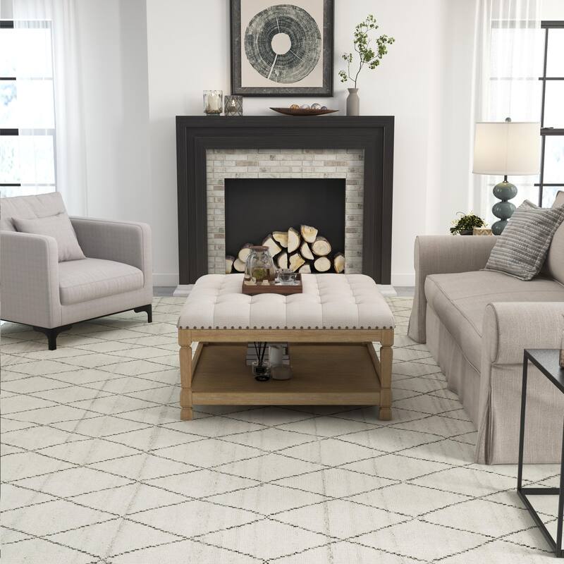 Button-Tufted Upholstered Coffee Table Ottoman with Wooden Shelf – Square Fabric Ottoman