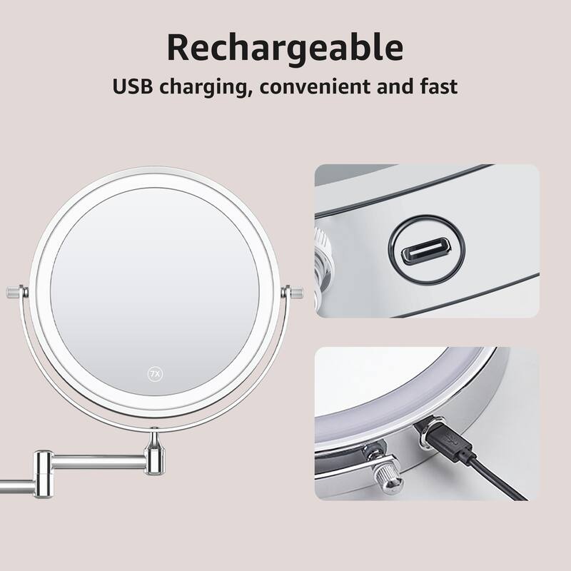 Yulika Rechargeable Lighted Wall Mounted Makeup Mirror with 3 Color Lights Double Sided 1X/10X or 1X/7X