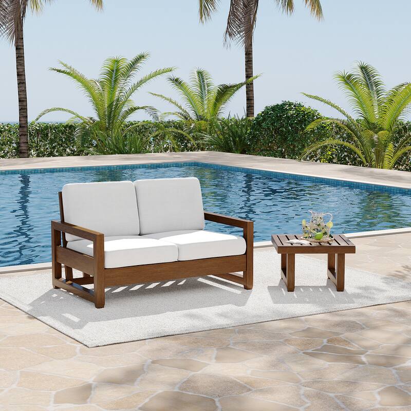 Teak Loveseat Patio Set with Cushions and Table (2-Piece)