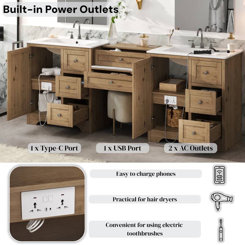 Christopher Knight Home - Wooden 84 Inches Double Sink Bathroom Vanity (Separate Sink) with Engineered Stone Countertop