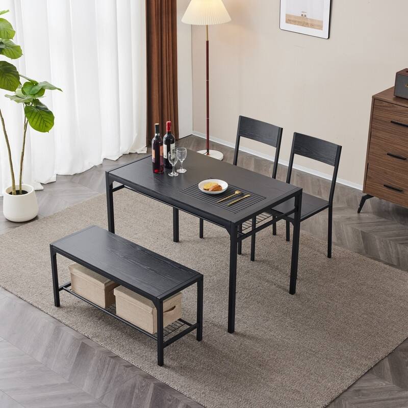 Mid-Century Modern 4 Piece Dining Set,Rectangular Table, Bench, 2 Chairs, Steel Frame