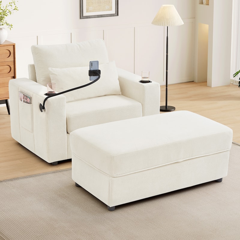 Modern Style Armchair with a Movable Storage Ottoman, Two USB Ports, Two Cup Holders, a Phone Holder and Side Pockets
