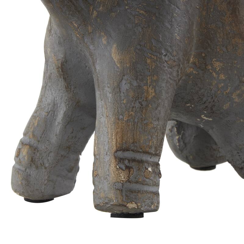 Dark Gray Paper Mache Handmade Distressed Carved Elephant Decorative Sculpture with Wood Inspired Accents