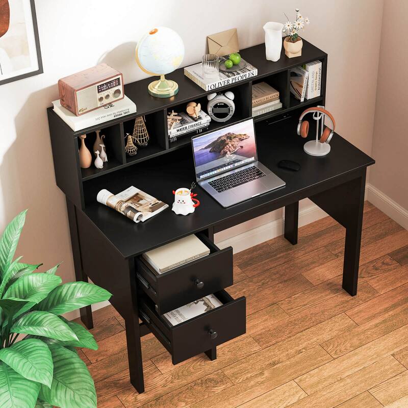 Costway 48" Computer Desk with Power Outlets Type-C 5-Cubby Hutch & 2