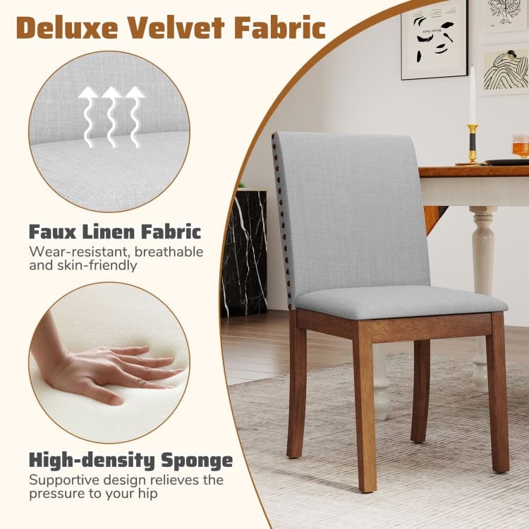 Ash Grey and Walnut Rubber Wood Dining Chairs with Nail head Trim, Linen Fabric - 23" x 19" x 36"