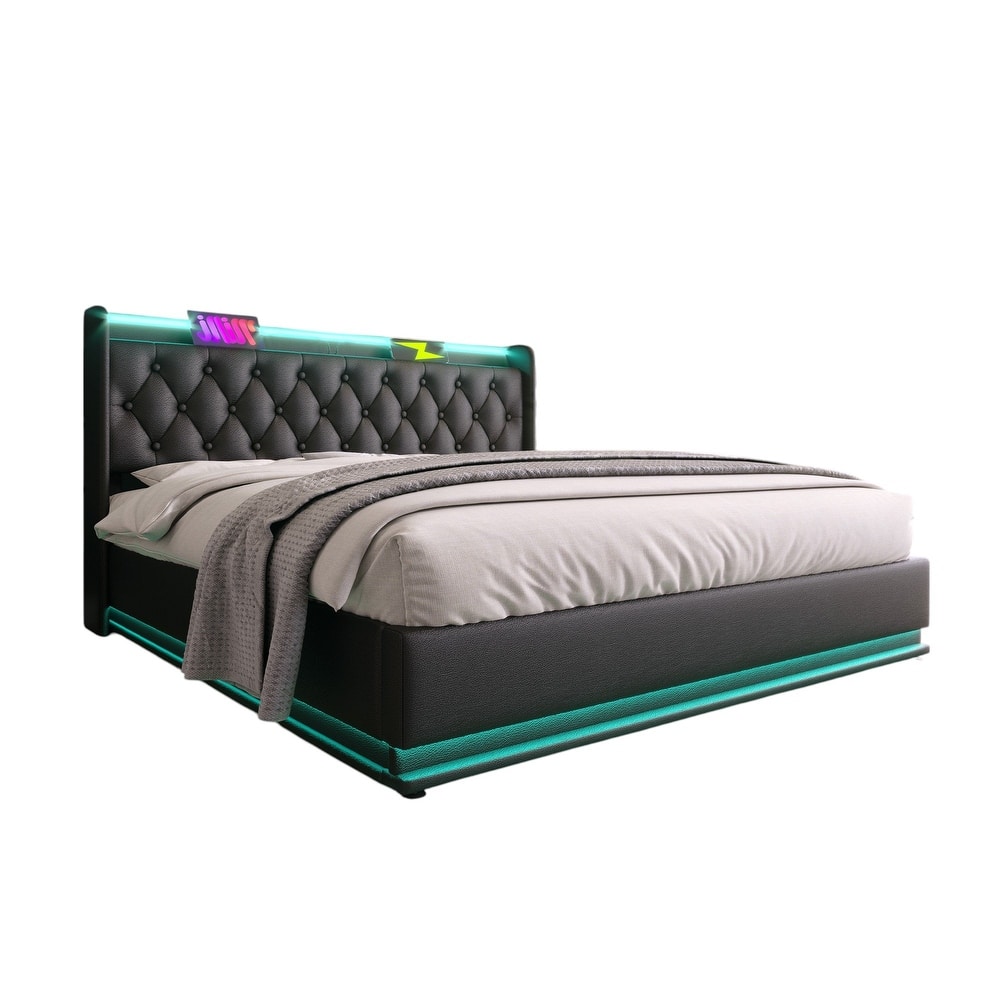 Twin/Full/Queen/King Upholstered Storage Bed with 360掳 LED, USB Type-C Charging, Remote/App Control, Black PU