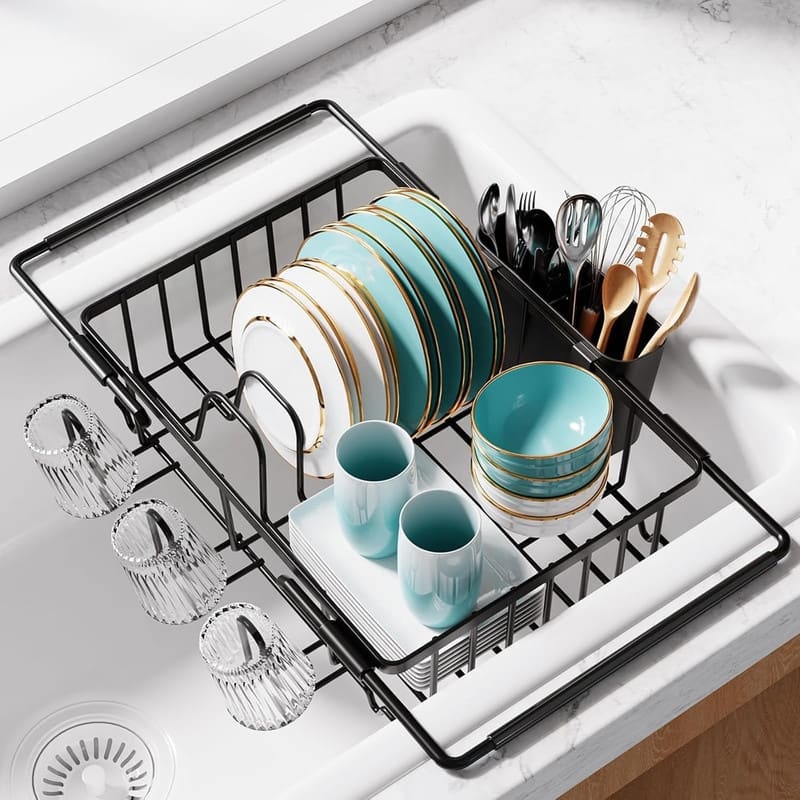 Dish Drying Rack in Sink - Expandable Stainless Steel Dish Rack - 9.8"D x 15.4"W x 3"H