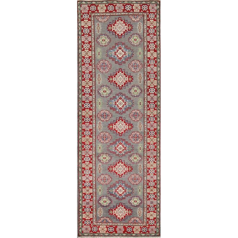 Gray Geometric Kazak Runner Rug Handmade Wool Carpet - 2'9" x 9'7"