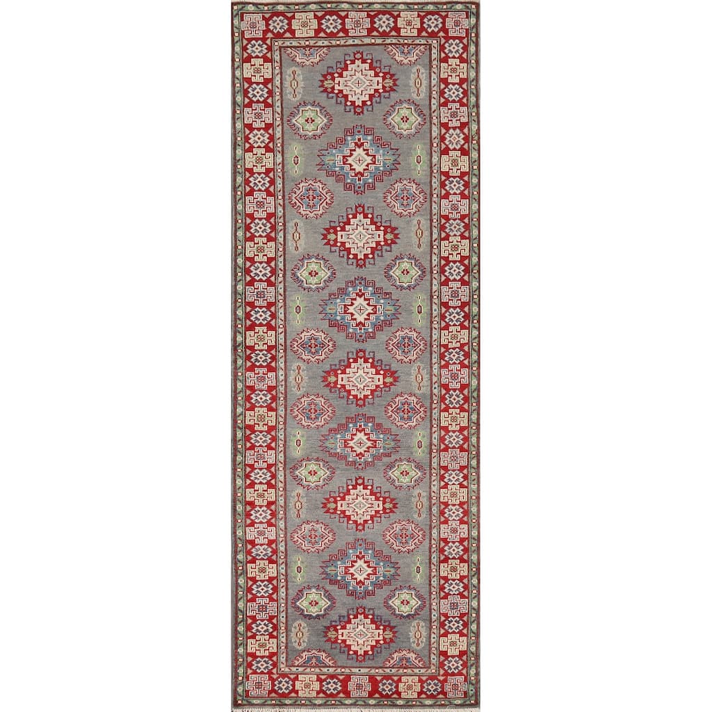Gray Geometric Kazak Runner Rug Handmade Wool Carpet - 2'9" x 9'7"