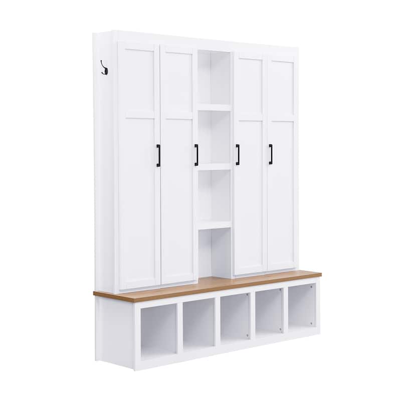 Farmhouse Hall Tree with Bench & 6 Hooks, 62.9"W Shoe Storage, Entryway Organizer for Mudroom, Living Room