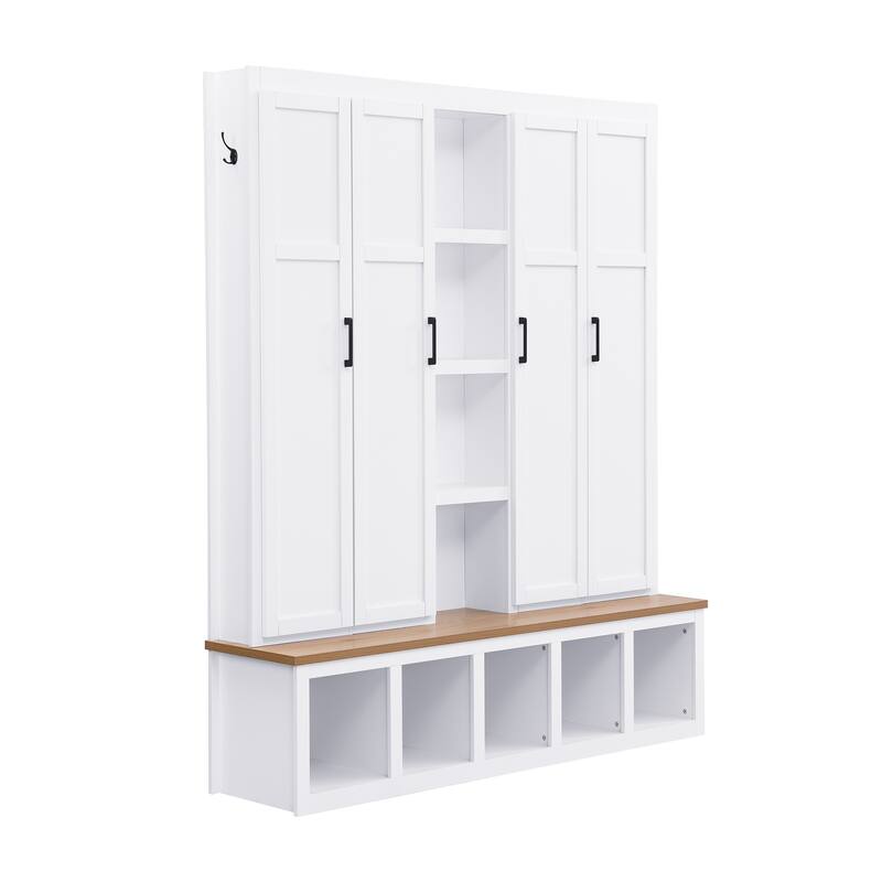 Hall Tree Storage Cabinet with 4/6 Hidden Hooks, Bench, and Open Compartments