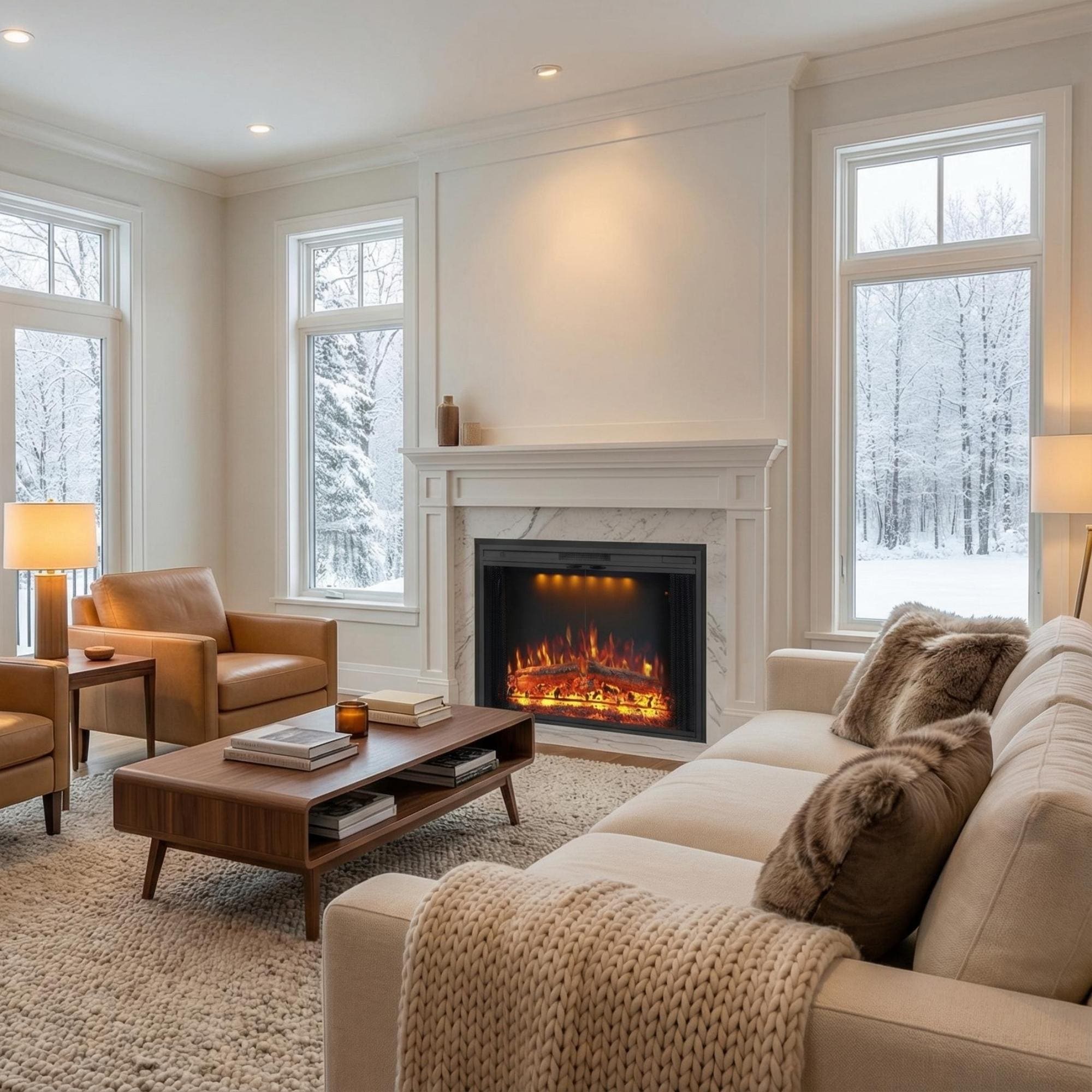 Modern Electric Fireplace Insert, Dual Glass Doors with Curtains