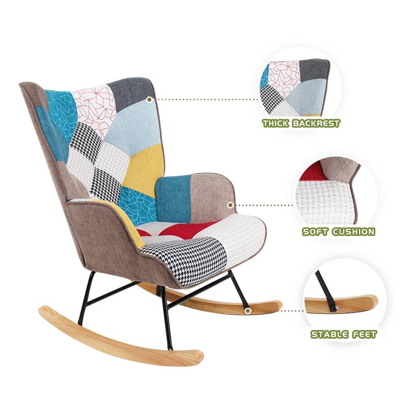 Mid Century Fabric Rocking Chair with Wood Legs and Patchwork Linen for Livingroom Bedroom
