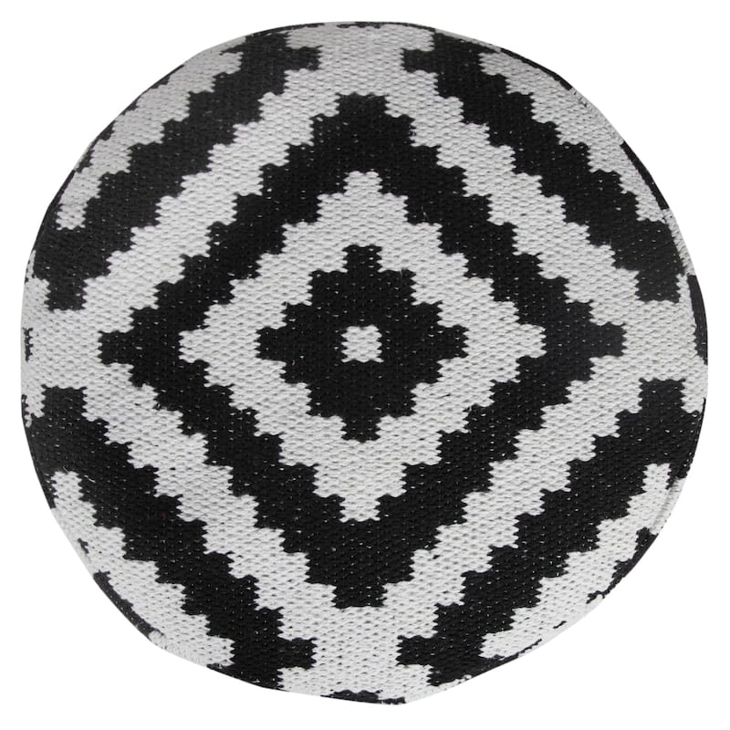 18" White and Black Geometric Medallion Round Pouf Ottoman