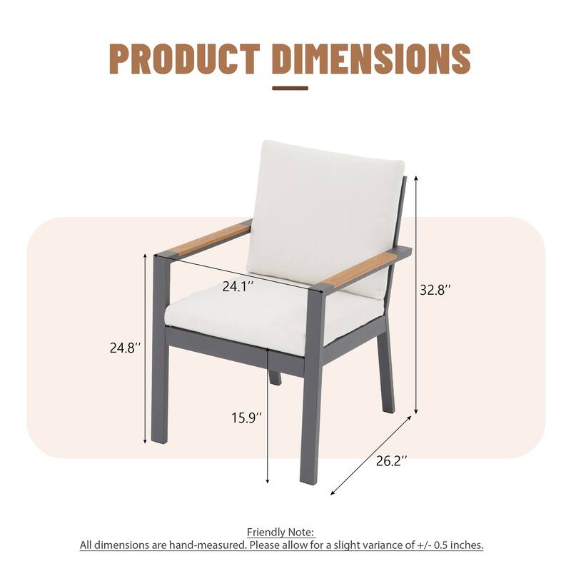 Outdoor Aluminum Dining Chair, Rust-Proof Patio Dining Chairs with Removable Cushions & Faux Wood Armrests