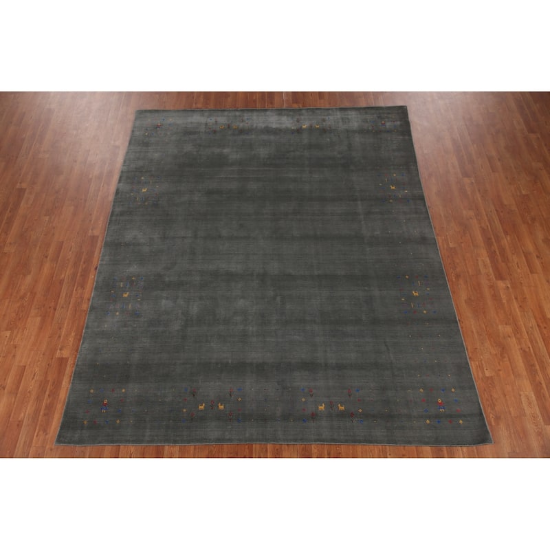 Slate Green Tribal Gabbeh Oriental Area Rug Hand-Knotted Wool Carpet - 8'1" x 9'11"