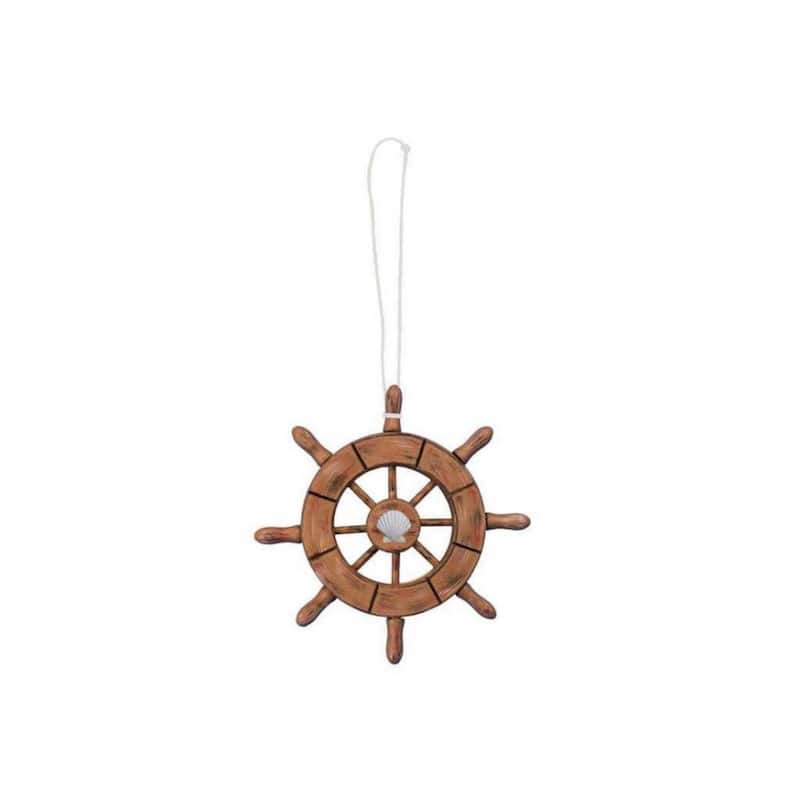 6" Brown Decorative Ship Wheel with Seashell and Rustic Wood Finish for Decorative Ornament - 6" L x .5" W x 6" H - Brown