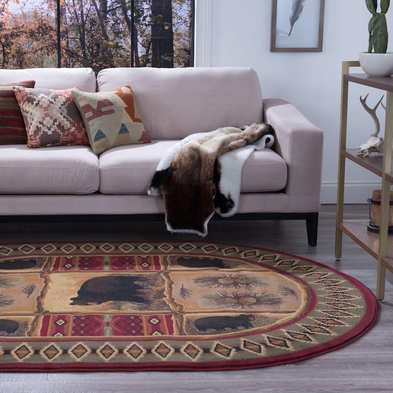 Natural Lodge Novelty Graphic Indoor Area Rug - 2'8'' x 4' Oval - Red