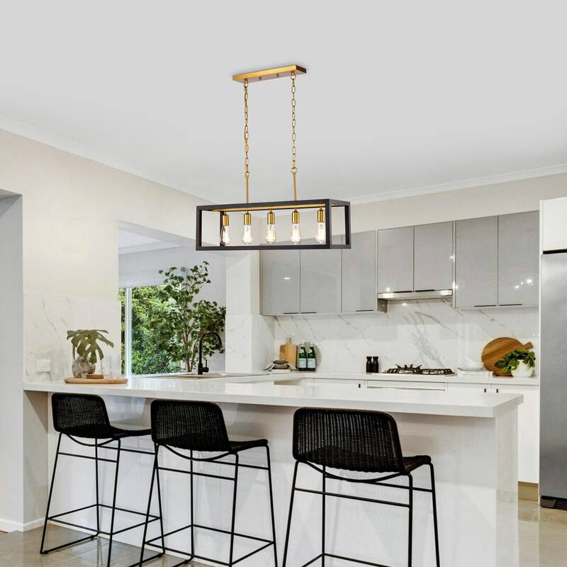 Nimra Matte Black+ Matte Gold 5-Light Open Metal Cage Linear Chandelier