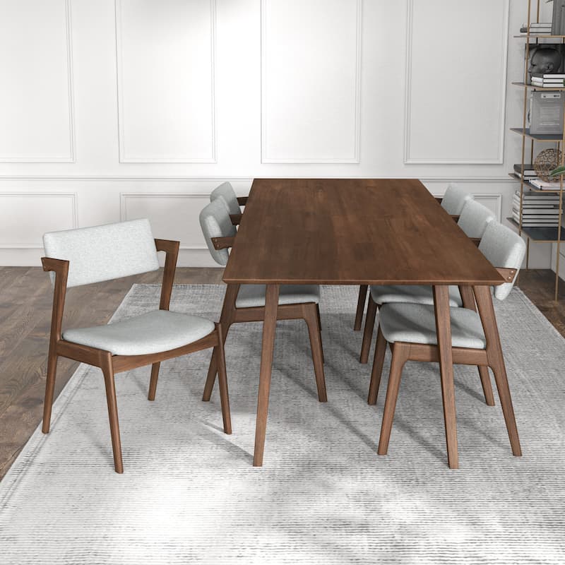 Ayven Mid-Century Style 7 Piece Solid Wood Dining Set in Walnut Brown - Light Grey