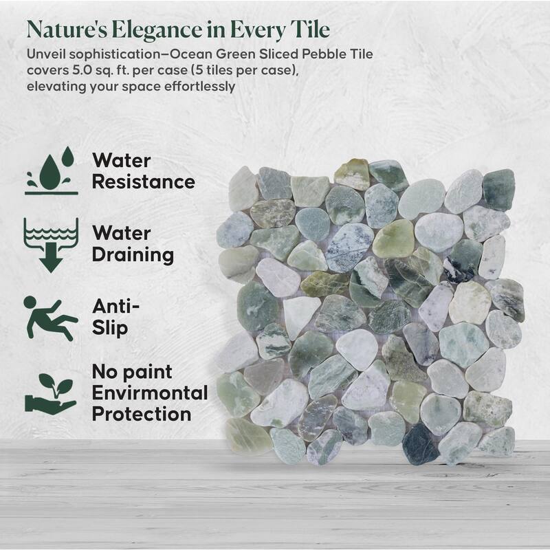 Ocean Green Sliced Pebble Mosaic, Backsplash Kitchen Walls, Shower and Bathroom Floors 12" X 12" (5 Sqft per case)