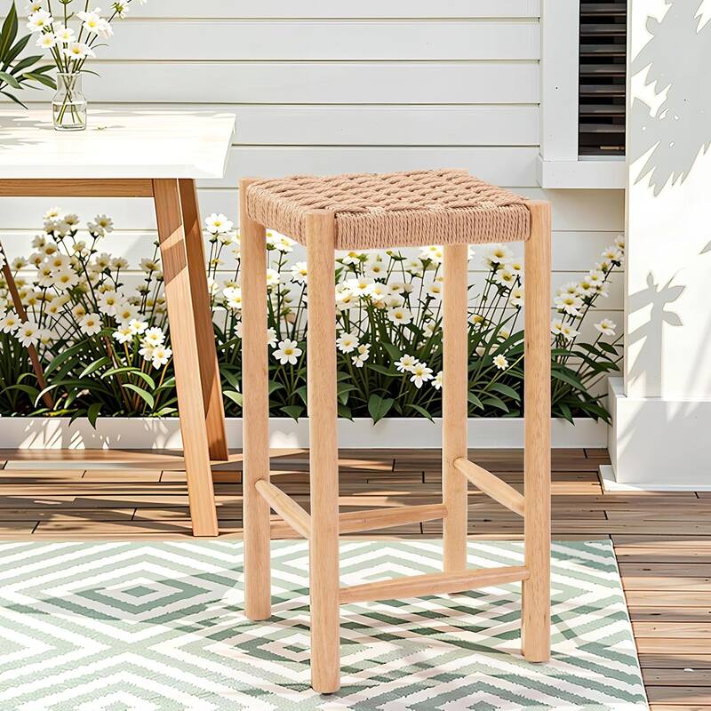 2-Pack Industrial Bar Stools 26.4" Height - Kraft Paper Cord Seats, Rubberwood Legs & Adjustable Feet