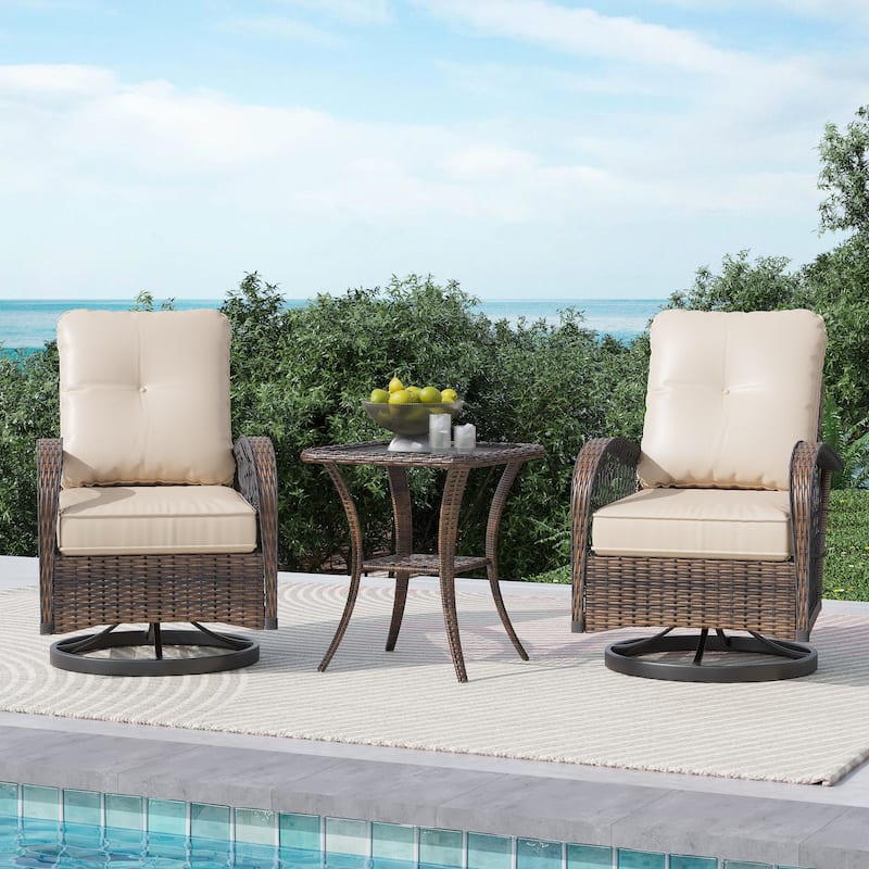 EROMMY Outdoor 3 Pieces Swivel Rocker Patio Chair Sets with Glass Table, All-Weather Wicker & Thickened Cushions for Backyard - 3-Piece - Beige
