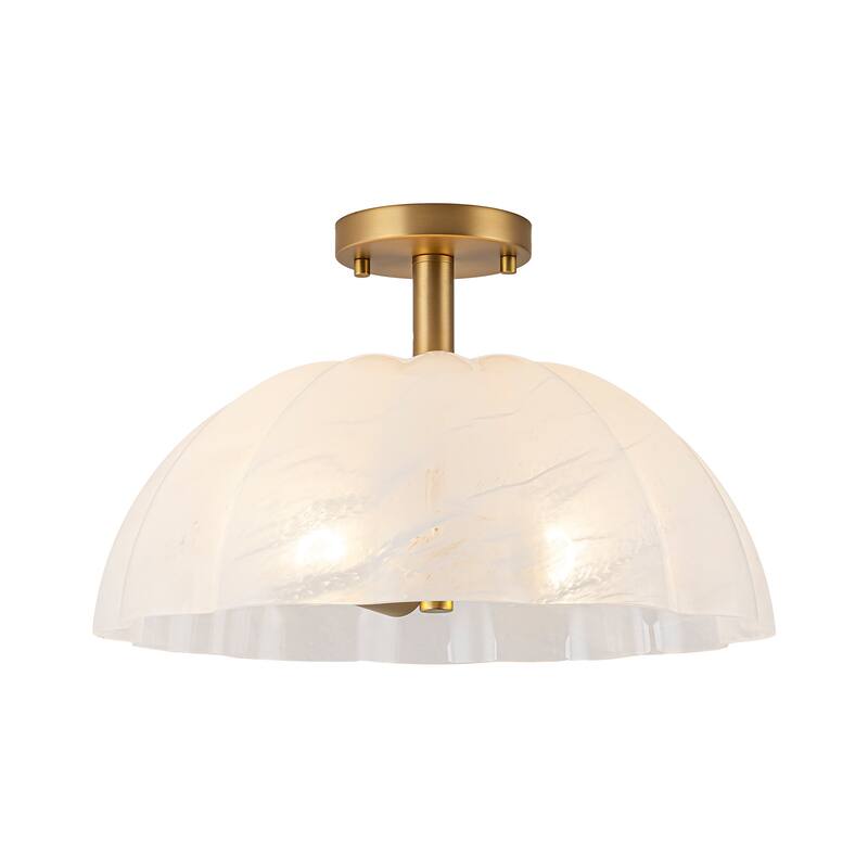 Modern 2-Light Cloud Glass Dome Semi Flush Mount Ceiling Light - Brass - 16" W × 9.5" H