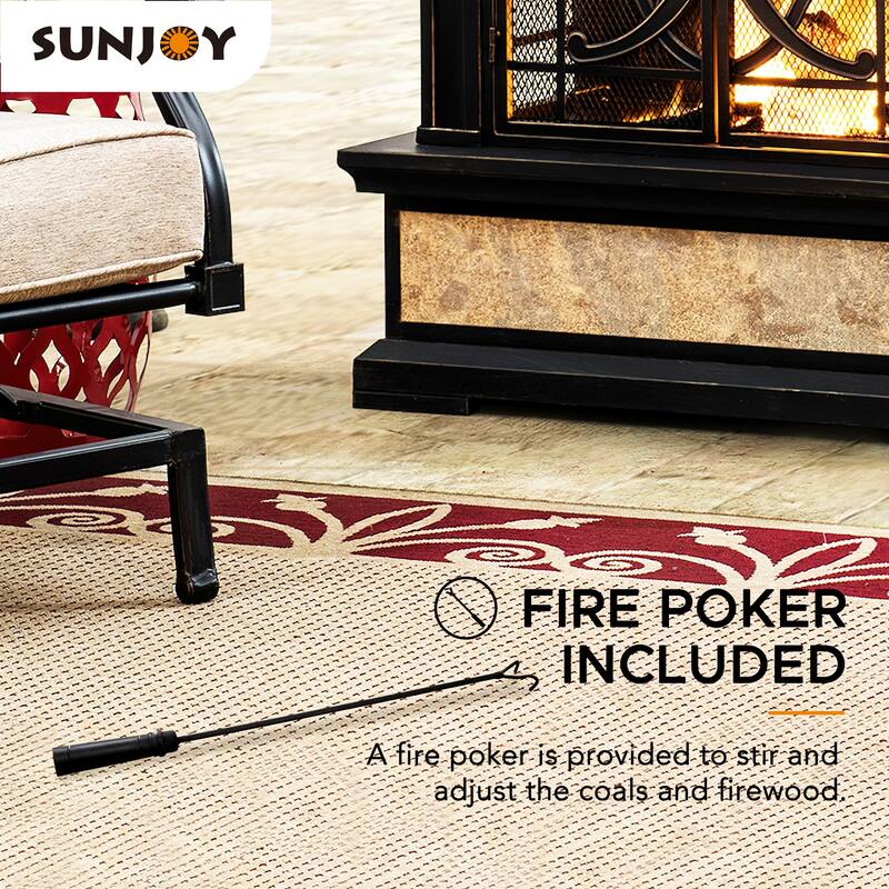 Sunjoy Smith Collection Outdoor Patio Wood Burning Steel Fireplace with Chimney, Spark Screen, Fire Poker, and Removable Grate