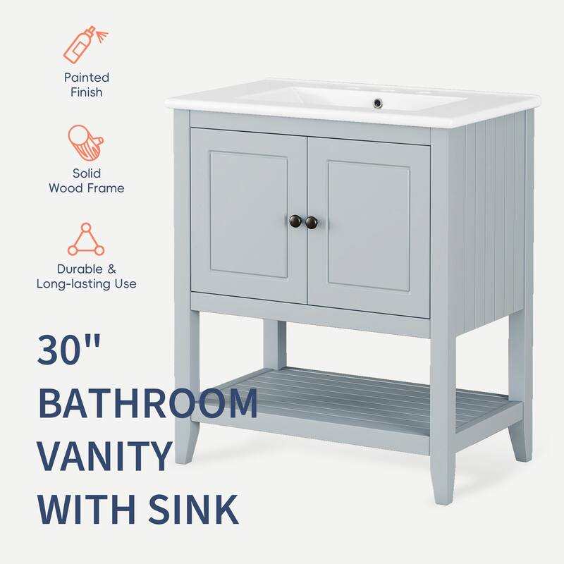 30" Freestanding Bathroom Vanity with Elegant Ceramic Sink, Solid Wood Frame & Ample Storage
