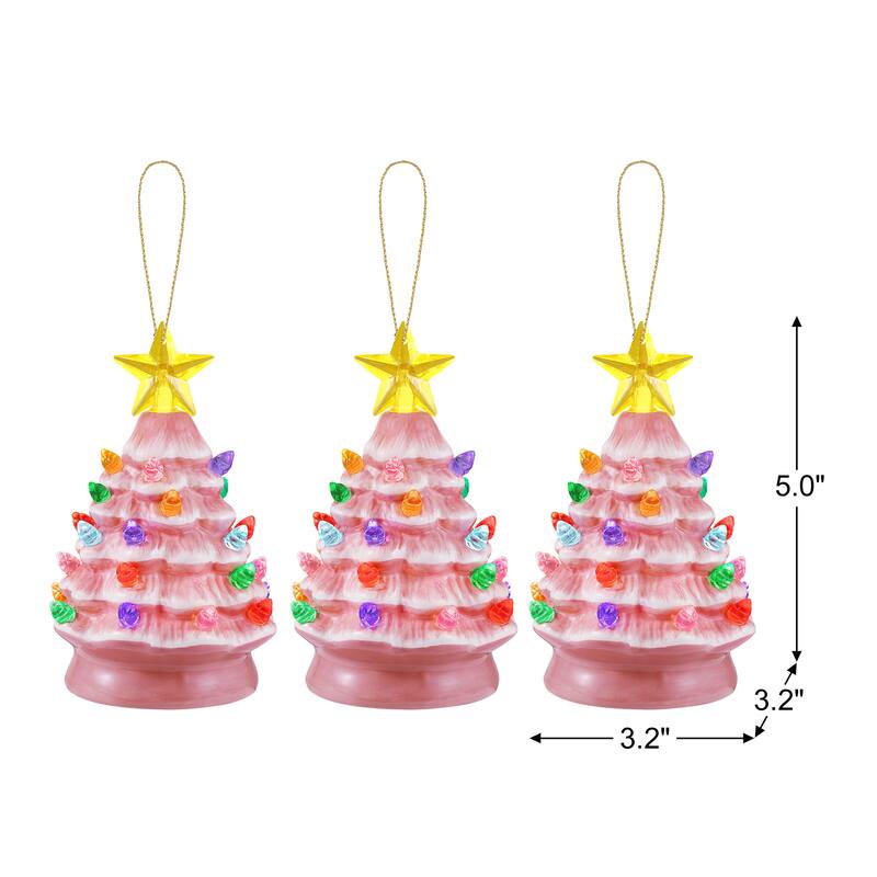 5 in. Set of 3 Nostalgic Ceramic Tree Ornaments - Pink