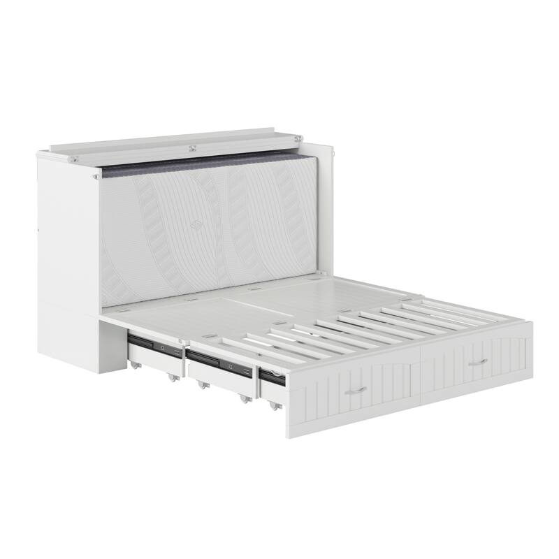 Murphy Bed Chest Solid Wood Modern Bed with Mattress & Storage - White Finish
