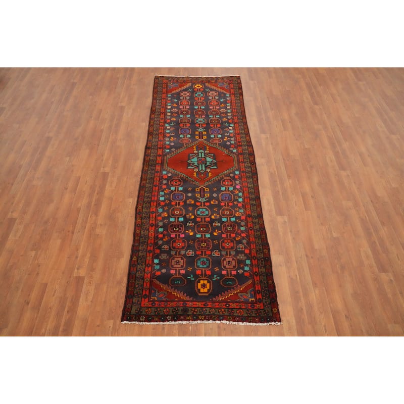 Hand Knotted Oriental 100% Wool Carpet Traditional Geometric Navy Blue & Blues Ardebil Runner Rug - 9' 6'' X 3' 5''