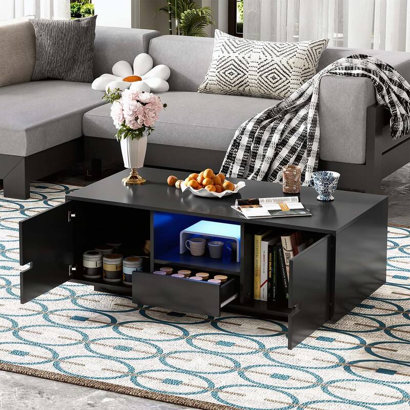 Stylish Rectangle Coffee Table with Storage and LED Lights,for Elevating Living Room
