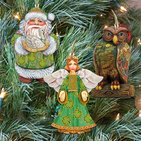 Set of 3 Irish Santa Angel and Owl Wooden Christmas Ornaments 5.5"