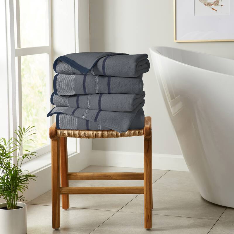 Linery & Co. Luxury Cotton Decorative Towel Set. - Bath Towel (Pack of 4) - Chambray Blue / White / Navy Blue.