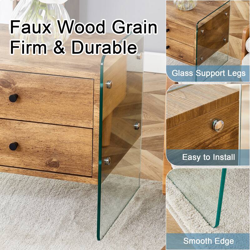 Double-Drawer Bedside Table With Tempered Glass Legs