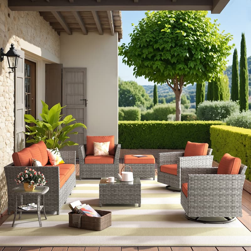 HOOOWOOO 9-piece Handwoven Wicker Patio Sectional Set with Swivel Rocking Chair - Red/Orange