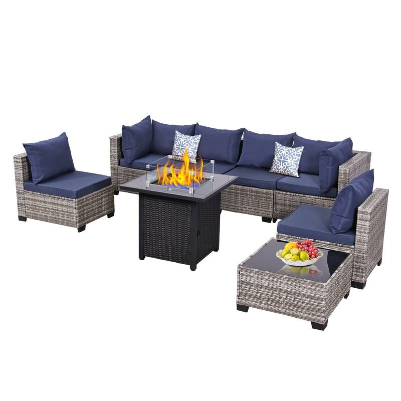 7 Pieces Wicker Rattan Outdoor Sectional Conversation Set with Coffee Table