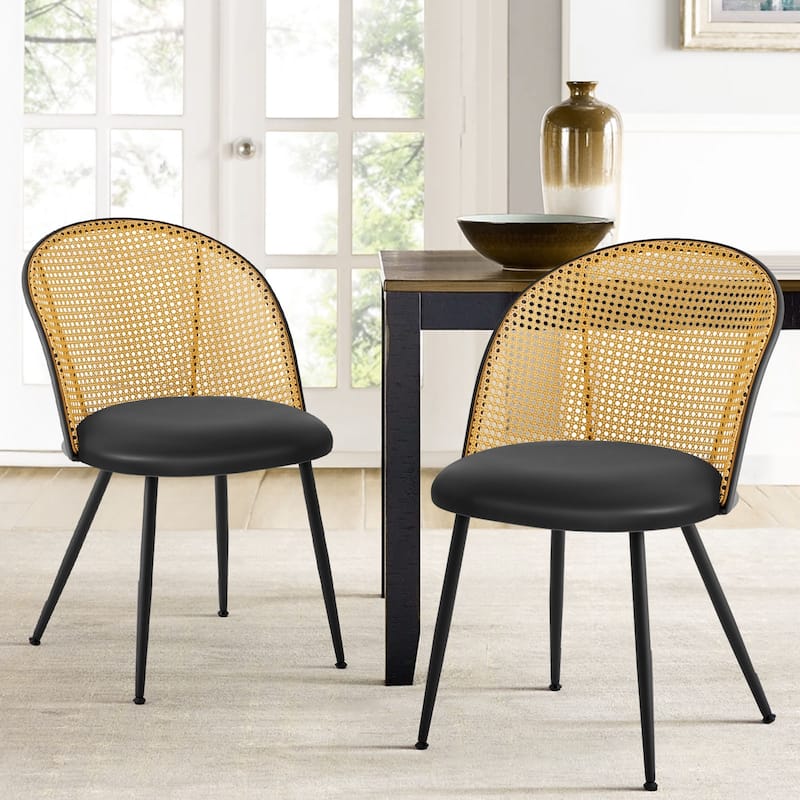 Modern Upholstered Rattan Dining Chairs Set of 2/4 - Set of 2 - PU-Black-Natural Back