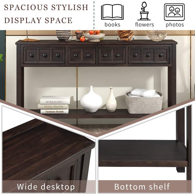Entryway Console Table with 2 Different Size Drawers, 60" Long Solid Wood Sofa Table, Bottom Shelf and Wide Desktop