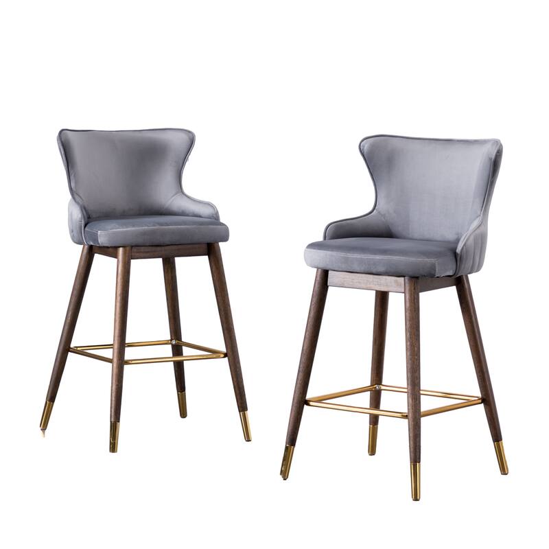 Fabric Upholstered Wingback Bar Stools Set of 2, Counter Height Bar Stools, Accent Chair with Rubber Wood Legs