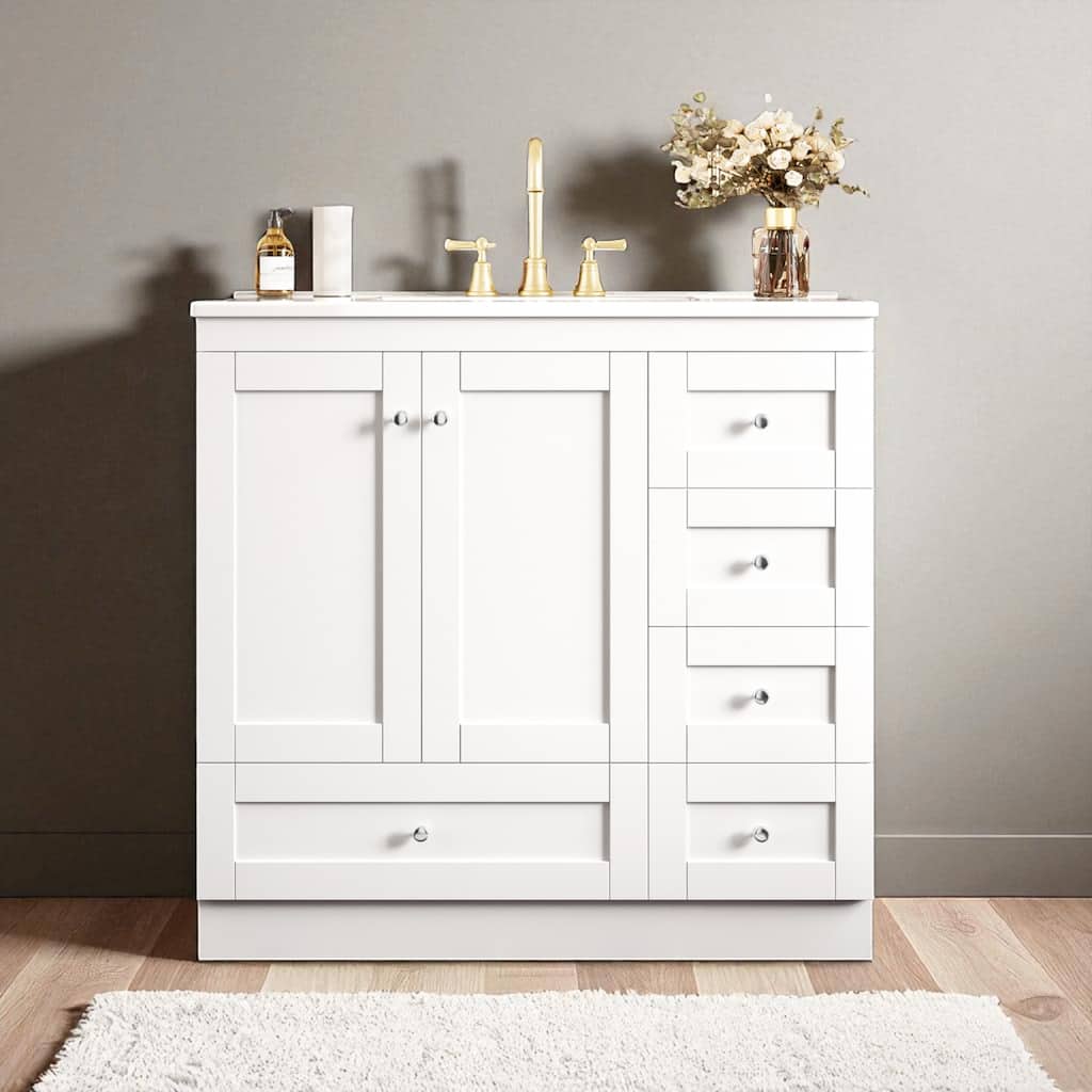 36" Shaker Style Bathroom Vanity with Ceramic Sink, Soft-Close Doors, 4 Drawers, Painted MDF Cabinet