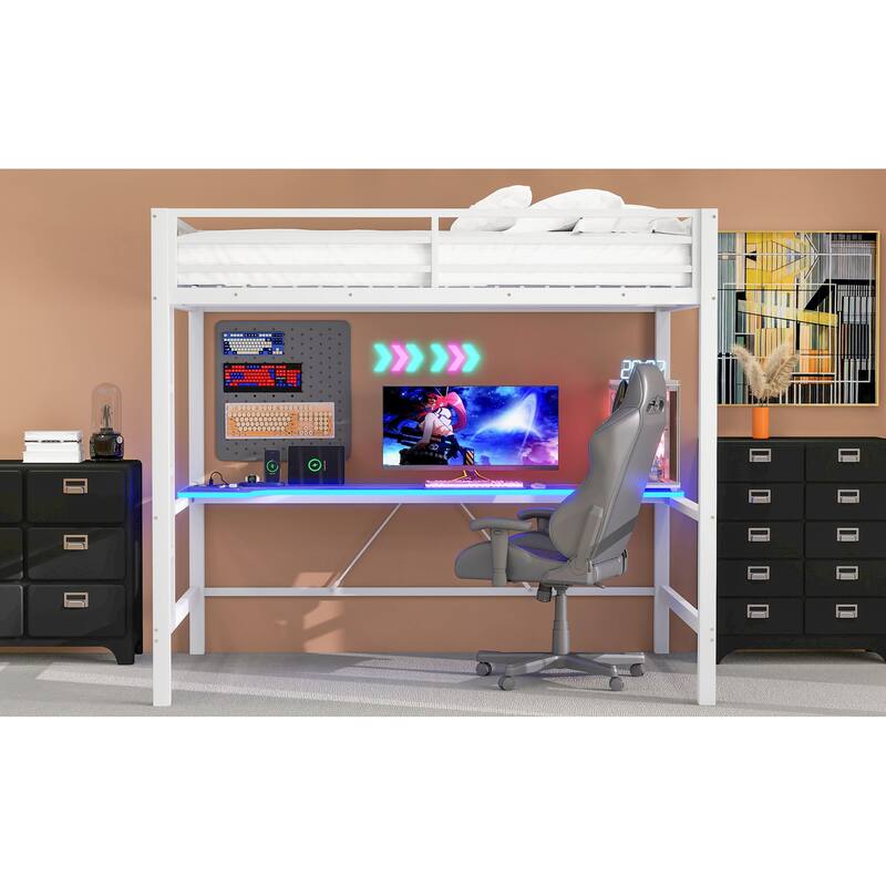 Full Size Gaming Metal Loft Bed Frame with LED Light, USB Charge Station and Desk