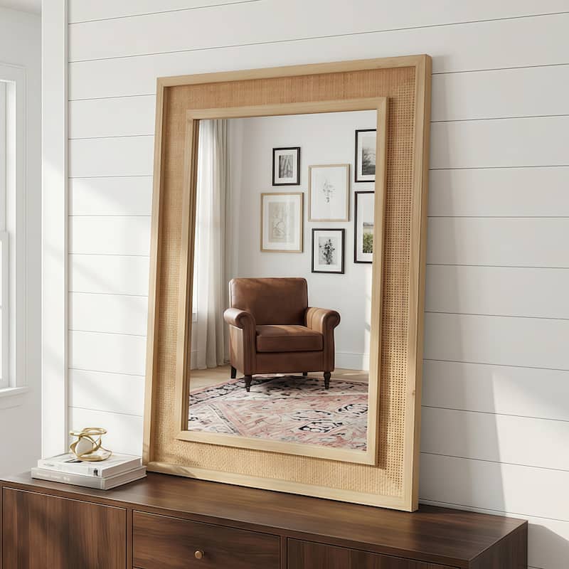 20"x30" Rattan Rectangle Solid Wood Frame Decorative Mirror,For Farmhouse,Bathroom,Home Decor,Entryway