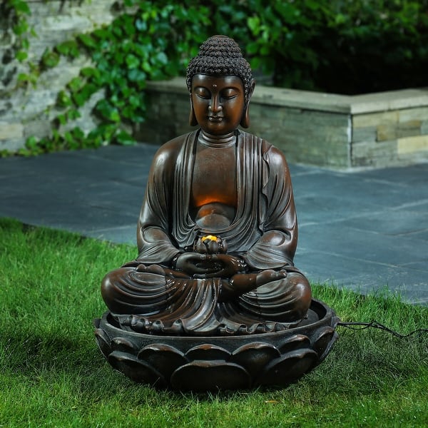 slide 2 of 6, Resin Brown Meditating Buddha Outdoor Fountain with LED Light - 27.2" H x 21.7" W x 21.7" D