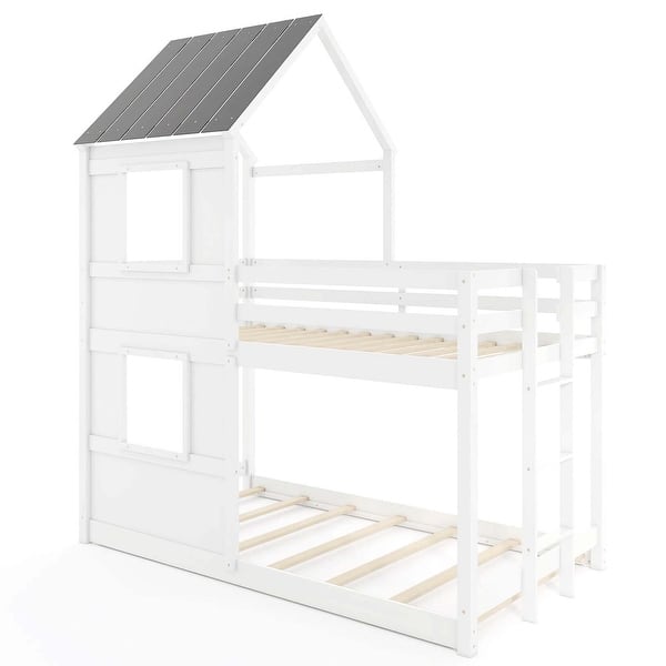 slide 2 of 10, Costway House Bunk Bed Twin Over Twin with Built in Ladder Window & - See Details White + Gray - See Details