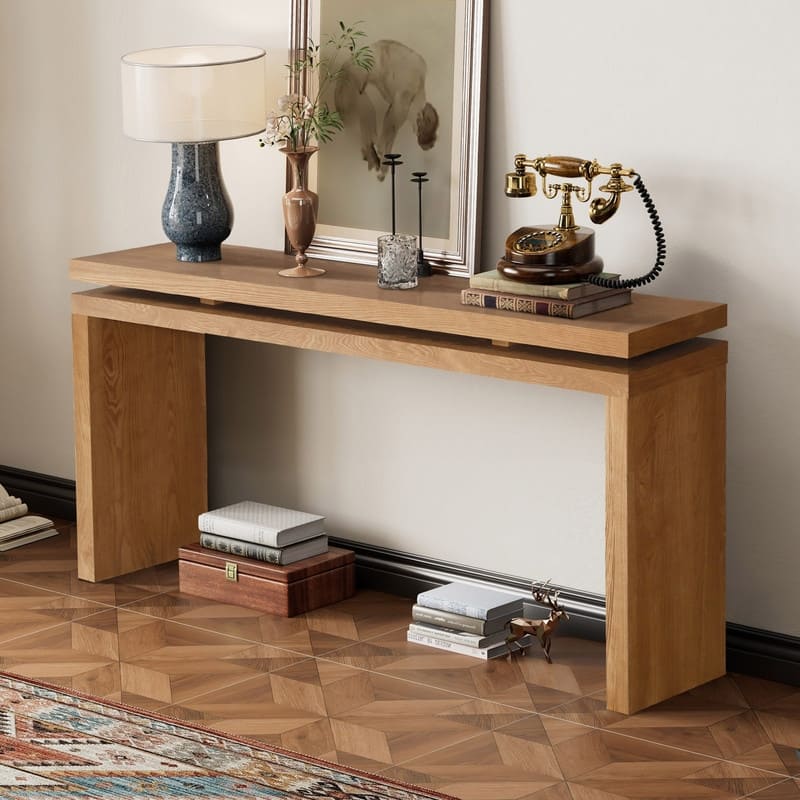 Farmhouse 60" Console Table, Solid Wood Entryway Table with Double Board Suspension Design